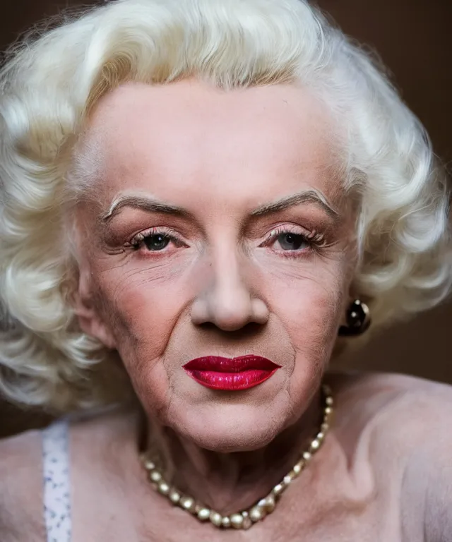 Image similar to dslr photo portrait still of 1 0 year old age 1 0 0 marilyn monroe at age 3 5!!!, 8 5 mm f 1. 8