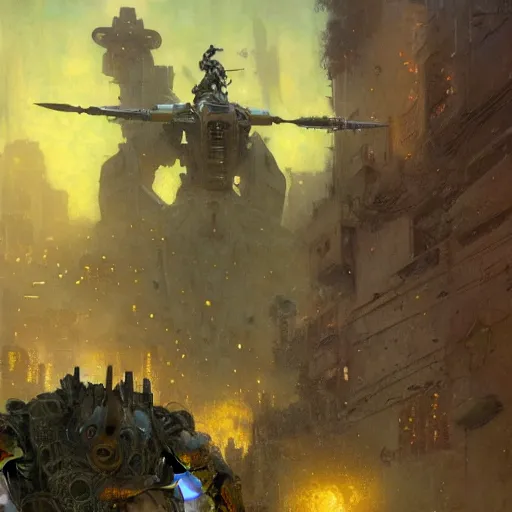 Prompt: six meters tall mech fighting in an urban environment, epic action scene, by gaston bussiere craig mullins jc leyendecker gustav klimt artgerm greg rutkowski john berkey, bergey, craig mullins, ruan jia, raymond swanland, jeremy mann, tom lovell, alex malveda, ray casting, hdr