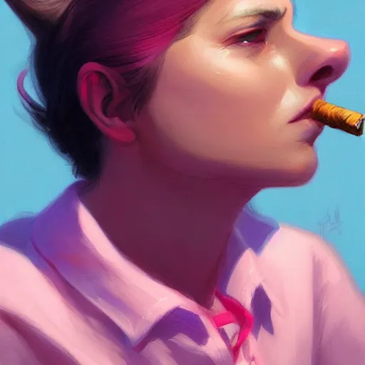 Image similar to portrait of wolf wearing pink shirt, smoking cigarette, digital painting, artstation, concept art, smooth, sharp focus, illustration, art by artgerm, james jean, jean giraud, edward hopper, gaston bussiere and greg rutkowski