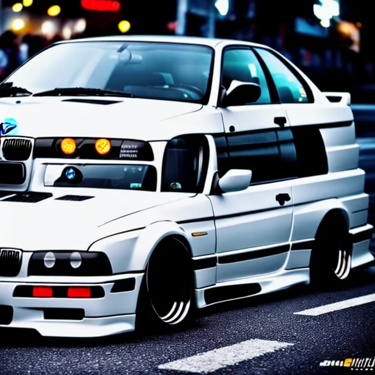 Image similar to close-up-photo BMW E36 turbo illegal meet, work-wheels, Shibuya shibuya shibuya, roadside, cinematic color, photorealistic, high detailed deep dish wheels, highly detailed, custom headlights, neon underlighting