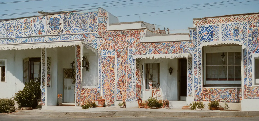 Image similar to exterior of mission revival house with portuguese tiles. monterey, ca. fujinon premista. portra 8 0 0.