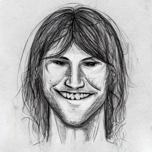 Prompt: sketch of a caucasian face, medium long hair, bad skin, skinny, oval head shape, smiling, climber, weed, mushroom