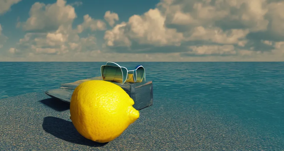 Prompt: a 3 d render of a lemon relaxing on a beach wearing sunglasses, octane render