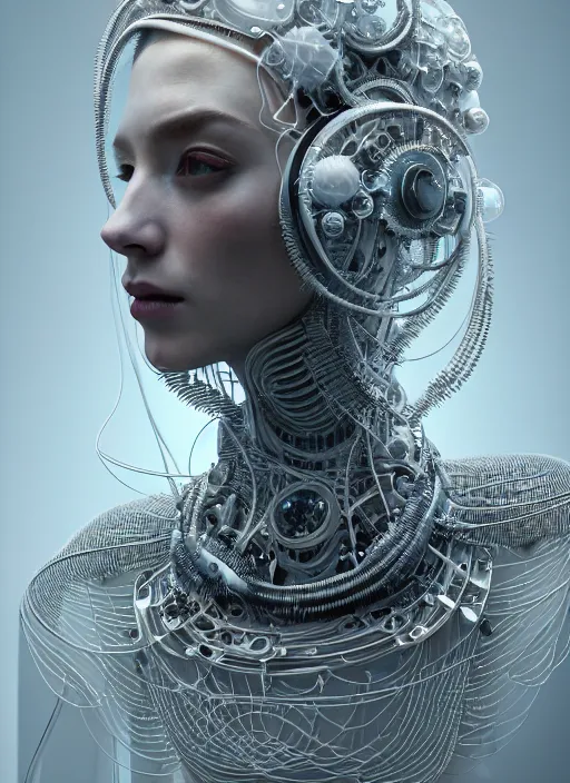 Image similar to portrait of an absurdly beautiful, graceful, sophisticated, fashionable cyberpunk mechanoid, hyperdetailed illustration by irakli nadar and alexandre ferra, intricate linework, white porcelain skin, faberge, jellyfish headdress, octane render, global illumination, bright 3 point light, detailed and intricate environment