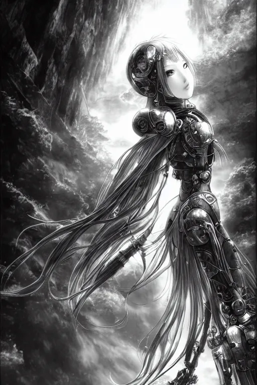 Image similar to a vertical portrait of a character in a scenic environment by Yoshitaka Amano, black and white, dreamy, cybernetic armor, wavy long black hair, highly detailed