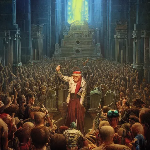 Prompt: evil orator listened by crowd by Michael Whelan by Jeff Easley photorealistic, cinematic, fantastic reality, detailed, intricate dramatic lighting, establishing shot, 8k resolution – W 1024