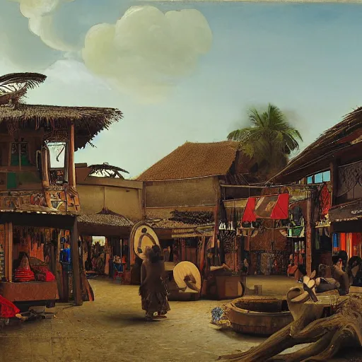 Prompt: architectural painting of Indonesian Maori Tlingit bazaar, by Bruegel and Greg Rutkowski and Nathan Jackson