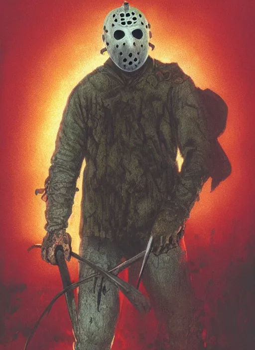 Image similar to Jason Voorhees in Friday the 13th Part VI: Jason Lives (1986), highly detailed, centered, solid color background, digital painting, artstation, concept art, smooth, sharp focus, illustration, Jason Edmiston, donato giancola, Joseph Christian Leyendecker, Les Edwards, Ed Repka, WLOP, Artgerm