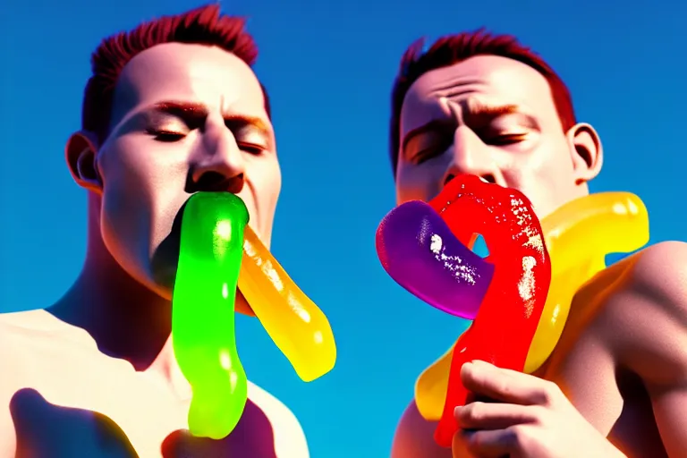 Prompt: two men eating a big gummy worm, rtx, sunlight, many details, octane render, high quality, 8 k