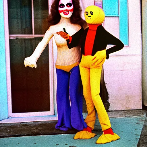 Image similar to 1976 color archival photo of a woman and a puppet that looks like Caspar the Friendly Ghost, in a sidewalk cafe, 16mm film soft color, earth tones and some primary colors 1976, archival footage, in style of doris wishman russ meyer, woman looks like gilda radner