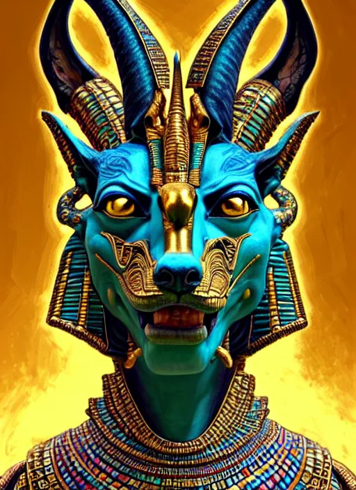 Prompt: enraged god anubis, snarling jackal with egyptian pharaoh headdress, ornate art nouveau botanicals, cyan and gold palette, fantasy, intricate, elegant, highly detailed, colorful, vivid color, digital painting, artstation, concept art, art by artgerm and greg rutkowski and ruan jia,