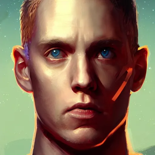 Image similar to portrait of eminem as a shocked man by greg rutkowski, he is about 3 0 years old, short blond hair, athletic and strong, straight jaw, wearing futuristic timepunk space gear, highly detailed portrait, digital painting, artstation, concept art, smooth, sharp foccus ilustration, artstation hq.