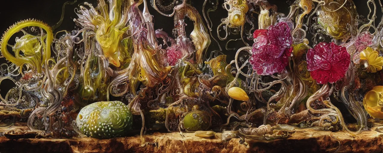 Image similar to ultradetailed reailistic still life with jelly flowers by ernst haeckel, caravaggio, roger dean and andrei tarkovsky, slime and tentacles, wide angle, cinematic, octane render, bokeh, unreal engine, 4k 3d render