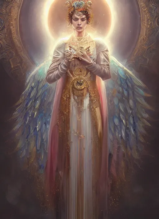 Image similar to A beautiful digital painting of a female Seraphim full of jewels, princess, the moon behind her, intricate, cinematic lighting, highly detailed, digital painting, Artstation, concept art, smooth, sharp focus, illustration, art by Tom Bagshaw, Artgerm and Greg Rutkowski