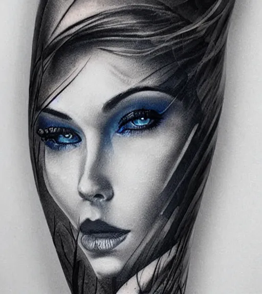 Image similar to tattoo design sketch of a beautiful blue - eyed woman face with a faded background of beautiful mountains and nature on her side, hyper - realistic, in the style of den yakovlev, amazing detail, black and white