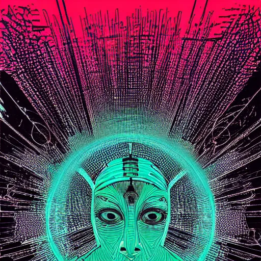 Image similar to 2 d neon teal circuit board background fused with an unknown deity with shards of light emitting outwards, black fine lines on teal, stanley donwood, victo ngai