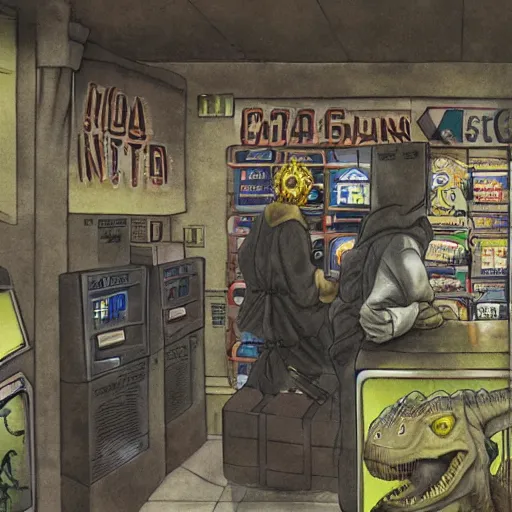 Image similar to a man inside of a gas station trying to buy a dinosaur, by kentaro miura