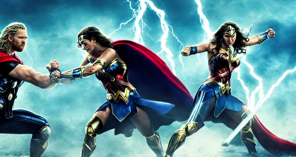 Image similar to thor, vs., wonder woman, cinematic movie scene, epic fight, blue lightning, yellow lightning, photo