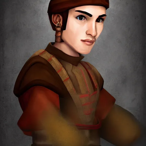 Image similar to video game medieval town villager portrait. Male, 20 years old.