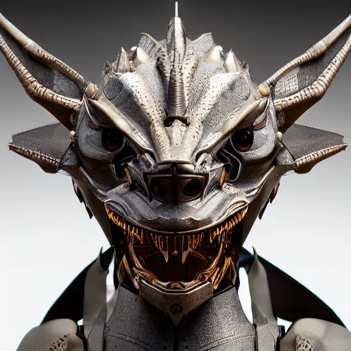 Prompt: a highly detailed close-up bust, of a beautiful cute anthropomorphic robot female dragon, with smooth and streamlined mechanical armor, standing and posing elegantly in front of the camera, well detailed head with two soft LED eyes, sharp teeth, two arms, artstation, DeviantArt, professional, octane render, sunset lighting