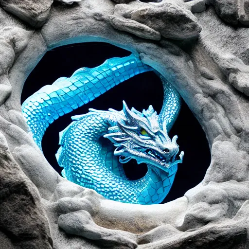 Prompt: Dragon sleeping in a deep, dark cave made of blue crystal.