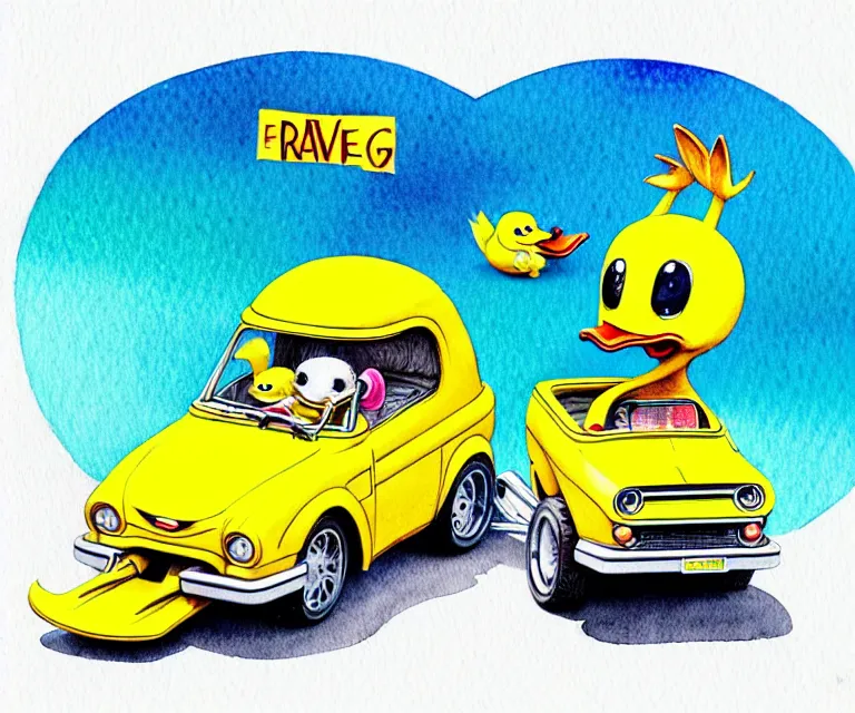 Image similar to cute and funny, duckling driving a tiny hot rod with an oversized engine, ratfink style by ed roth, centered award winning watercolor pen illustration, isometric illustration by chihiro iwasaki, edited by craola, tiny details by artgerm and watercolor girl, symmetrically isometrically centered