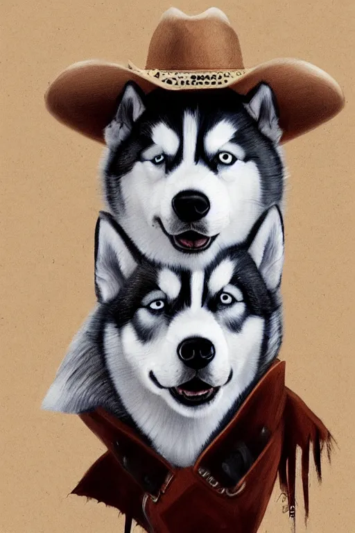 Prompt: a portrait painting of a husky in cowboy costume, wearing a cowboy hat, in the style of anime, [ western film ], humanoid, personify, anthropomorphic, trending on artstation