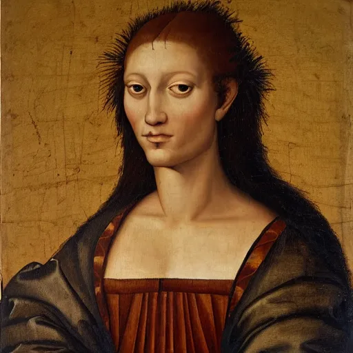Image similar to a renaissance style portrait painting of lion human hybrid