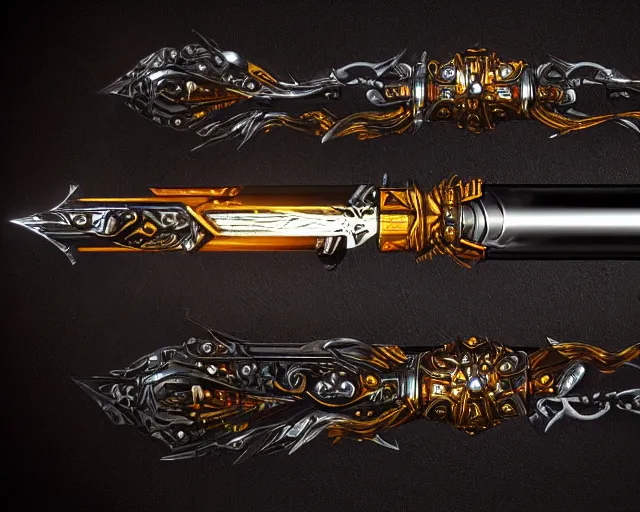 Prompt: legendary glowing sword of cybernetic technology on a table, digital award winning artwork, intimate dark moody, intricate, long sharp black and iridescent blade, ornate spikes, colorful hilt, detailed realistic, raytraced blade, colored gems, golden pommel, trending on artstation and deviantart