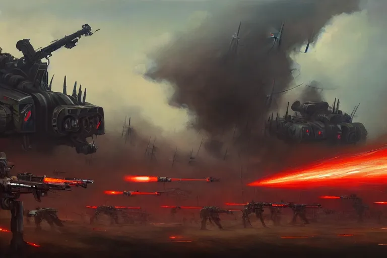 Image similar to grim oil painting of weaponized high technology battlefield in a village magali villeneuve, trending on artstation