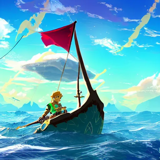 link sailing in a boat past an island in the style of Stable