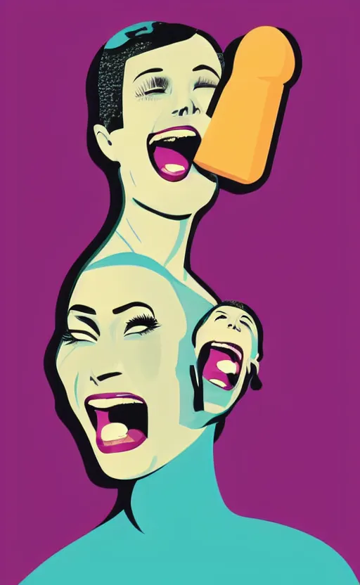 Image similar to illustration portrait of a woman with white buzzcut laughing out loud, art deco painting by tom whalen, by tomer hanukam funny meme photo, trending on behance, digital illustration, storybook illustration, grainy texture, flat shading, vector art, airbrush, pastel, watercolor, poster