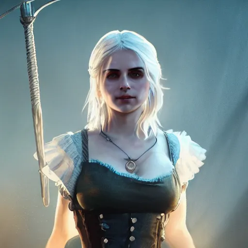 Image similar to ciri from the witcher 3 video game, huggy wuggy from poppy playtime video game, fullbody, ultra high detailed, glowing lights, oil painting, greg rutkowski, charlie bowater, beeple, unreal 5, daz, hyperrealistic, octane render, rpg portrait, dynamic lighting, fantasy art, beautiful face