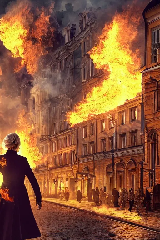 Image similar to in the foreground a street in Saint Petersburg, in the background a blonde woman from the back completely on fire wearing a long matrix-style jacket, realistic, high definition, many details, dramatic scene, detailed and realistic hands, symmetrical face, realistic eyes , art of D&D