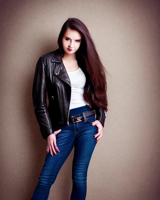 Image similar to young woman in her 20s, she wears a leather jacket and boots, full body portrait, taken by a nikon, very detailed face