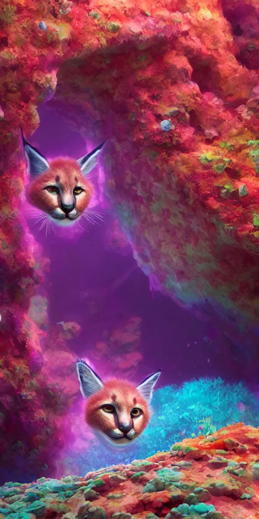 Image similar to of a colorful under water cave with swimming cute fluffy caracals, sandy coral, in the style of gehry and gaudi, macro lens, shallow depth of field, ultra detailed, digital painting, trending artstation, concept art, illustration, cinematic lighting, photorealism, epic, octane render