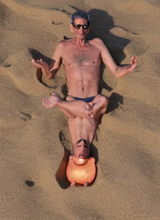 Image similar to jeff goldblum turns into a peanut on the sand of a beach