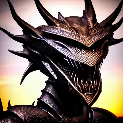 Image similar to close up bust shot, realistic detailed stunning beautiful armored anthropomorphic humanoid female robot dragon, doing an elegant pose, looking to the side, sleek streamlined armor and design made of steel, sharp claws and sharp teeth, Slick LEDs, standing on two legs, on the beach during sunset, high quality, cinematic art, sunset lighting, artstation, deviantart, furaffinity
