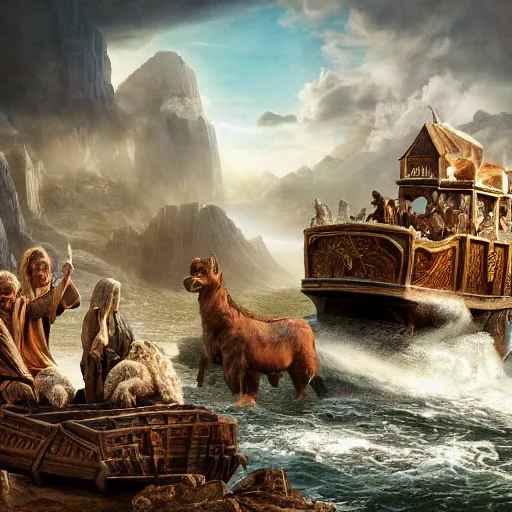 Image similar to an extremely detailed matte painting of the animals leaving noah's ark, 4 k, noah from the bible as a wizard, antediluvian, in the style of epic fantasy