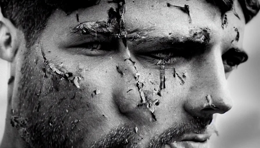 Prompt: 1 9 6 0 s movie still close up of marcus atilius regulus tied at pole with his eyes looking at the sun and bleeding, cinestill 8 0 0 t 3 5 mm b & w, high quality, heavy grain, high detail, texture, dramatic light, anamorphic, hyperrealistic, detailed hair