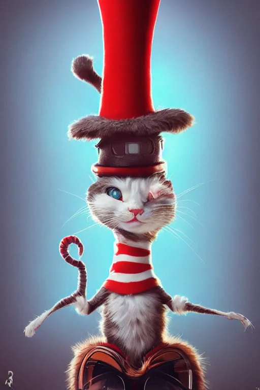 Prompt: complex 3 d render, hyper detailed, ultra sharp, cyborg cat in the hat, scary, comical, cinematic, natural soft light, rim light, octane render, artstation, art by artgerm and greg rutkowski and alberto seveso, dr seuss