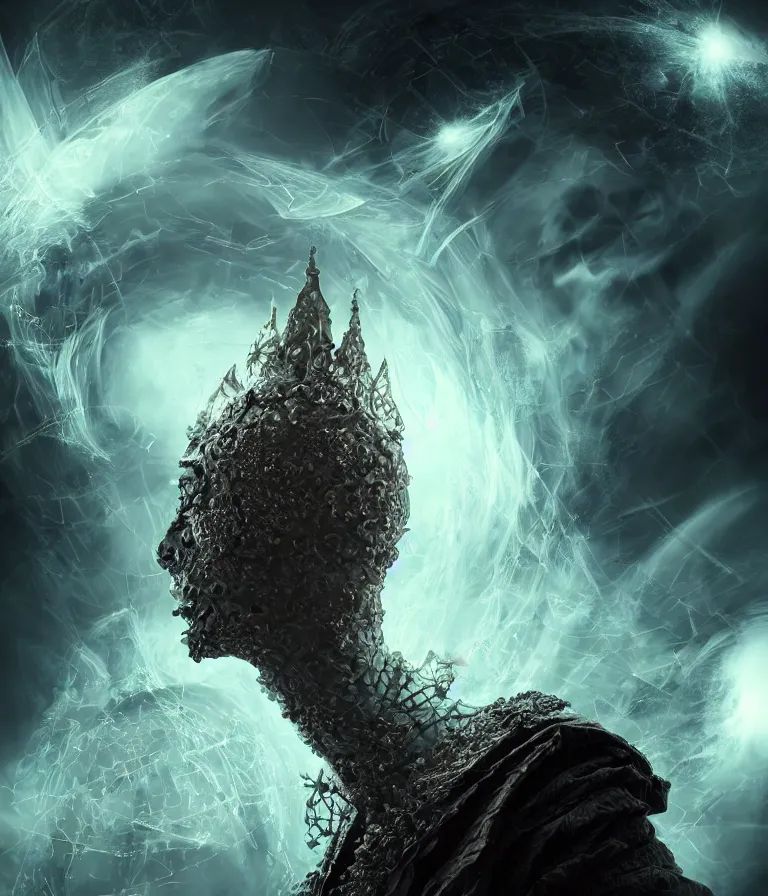 Image similar to impressive ominous front!! shot photo of a court jester character fine portrait fine portrait mesmerizing fractal hyper cubes platinum cracked dark future hyper dimensional space galactic crystal nebula edges elegant detailed intricate concept artstation sharp focus ray tracing cinematic masterpiece temporal corruption beeple wlop germ 8 4 k scifi glossy hyper realistic illustration canon eos r 3 fujifilm x - t 3 0 sony alpha a 6 6 0 0