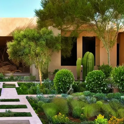 Image similar to a beautiful desert house with flowing green garden around it