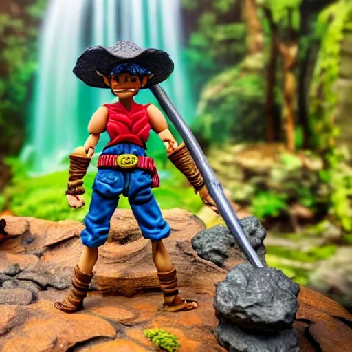 Prompt: high - res photograph of a claymation sculpture action figure warrior luffy, highly detailed sculpey diorama, forest setting, waterfall backdrop, smooth, sharp foccus, commercial product photography,