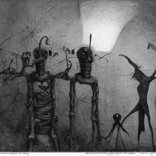 Image similar to plague doctors in the mist with weird rube goldberg machines, minimalist, joel peter witkin, heironymus bosch, gustave dore, beksinski, giger