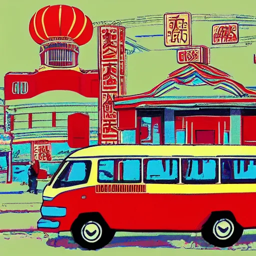 Image similar to soviet bus stop, in the style of daniel johnston and outsider art, 8k, line brush, overlaid with chinese adverts
