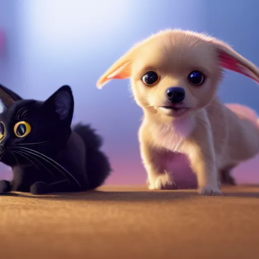 Image similar to an adorable blond long haired chihuahua playing with a cute black cat : : in the style of pixar : : octane render, unreal engine 5, cinematic lighting, cinematic depth of field