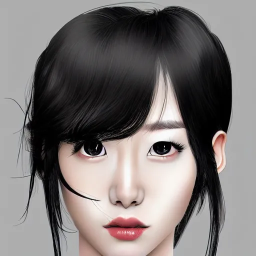 Image similar to portrait of a beautiful korean girl wearing a men's tuxedo, with long hair and bangs, angular features, angry expression, digital art, elegant pose, detailed illustration