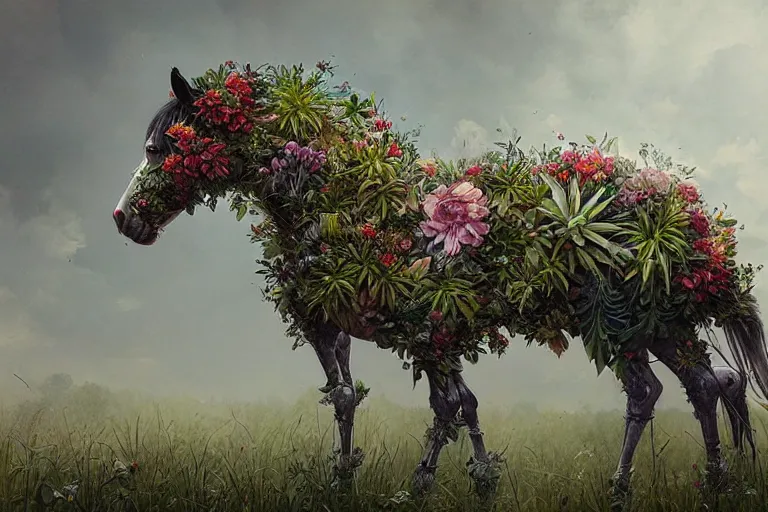 Image similar to a stunning horse made of plants by sandra chevrier and greg rutkowski, high key lighting, volumetric light, digital art, highly detailed, fine detail, intricate, ornate, complex, octane render, unreal engine, photorealistic