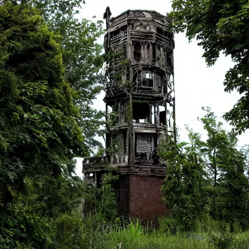 Prompt: An abandoned wizard's tower in an overgrown garden.